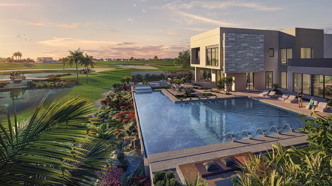 Yas Acres Yas Island Abu Dhabi luxury villas with golf course and lush green landscapes