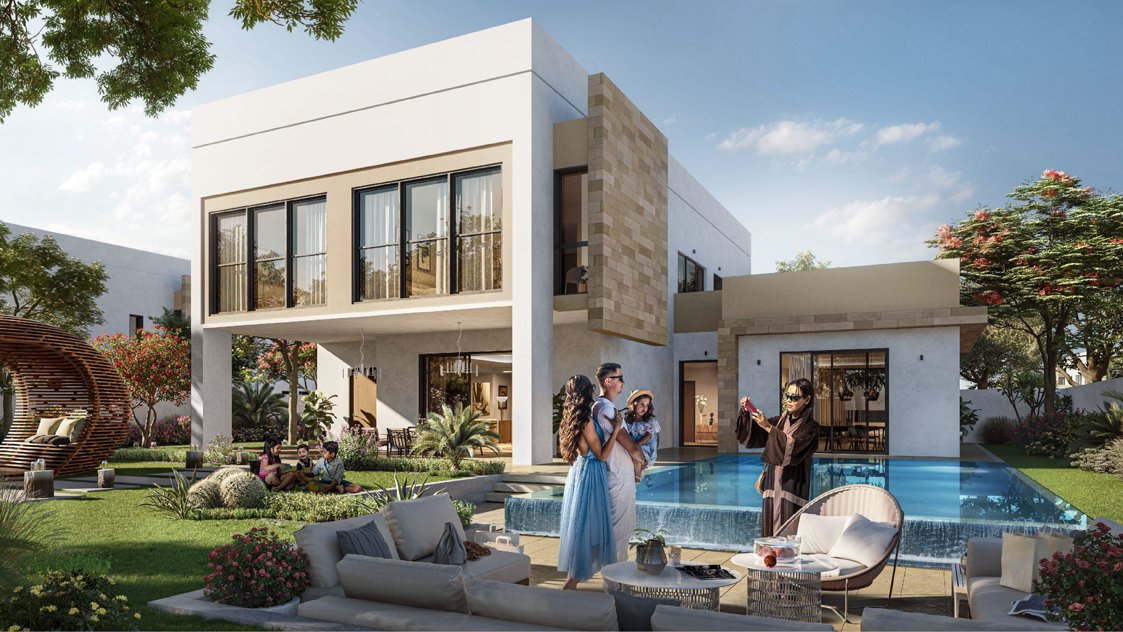 Yas Acres Abu Dhabi modern villas and townhouses with elegant architecture and greenery